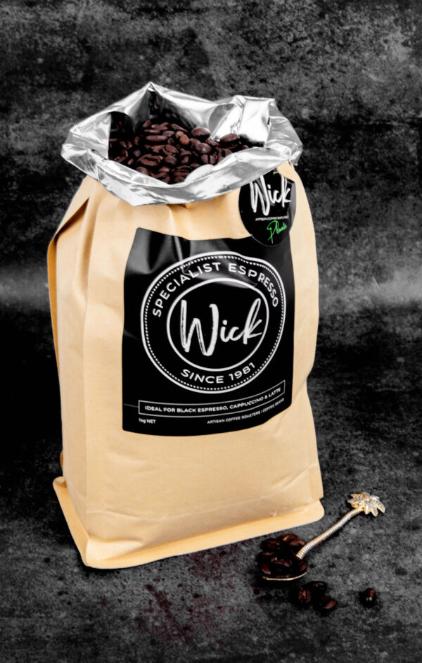 Stylized Wick 1kg bag of coffee beans