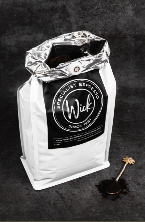 Stylized 1kg bag of Wick coffee beans